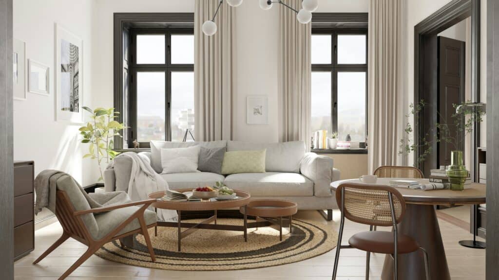Bright Scandinavian living room with a pale sofa, round jute rug and tall windows